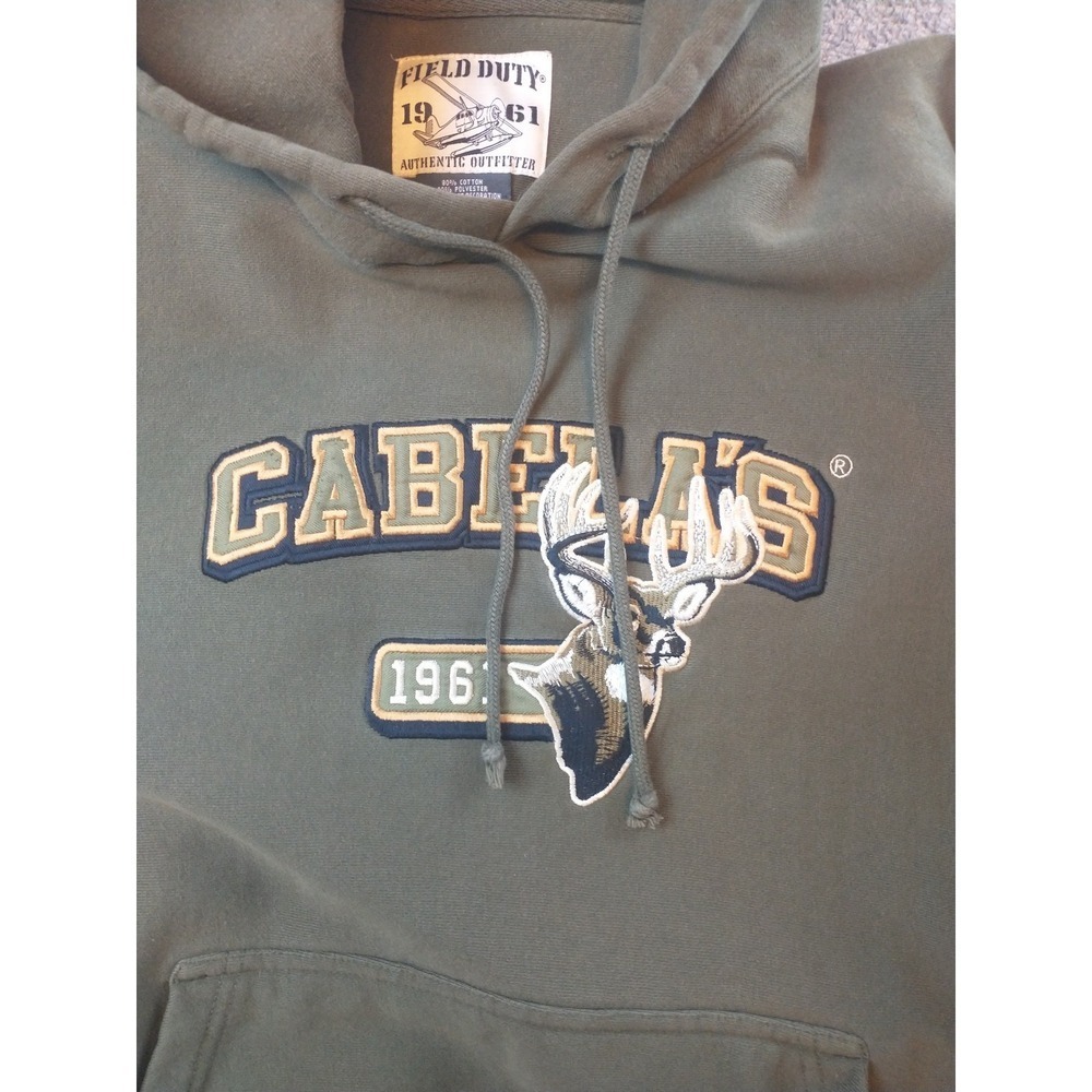 Cabelas Field Duty 1961 Hoodie Mens Large Olive Green Deer Graphic Distressed